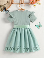 Ruffled Collar Bow Belt & Eyelet Lace Detailing Short Sleeve Dress