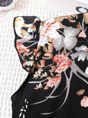 Elegant Floral Print for Lotus Sleeve Mid-Long Dress + Belt