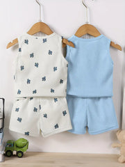 4pcs set Waffle Pattern Round Neck Vest + Pants Casual Set
