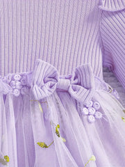 Round Neck Long Sleeve Cute Mesh Knee-Length Fashionable Dress + Bow Headband Two-Piece Set