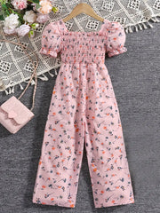 Floral Print Summer Jumpsuit with Puff Sleeves