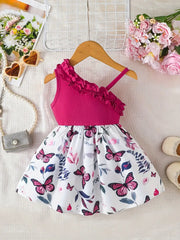 Cute Butterfly Print Ruffle Collar Knit Top & Flared Skirt Dress