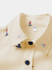 Casual & Formal White Button-Up Nautical-Themed Short Sleeve Shirt
