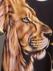 1Round Neck Short-Sleeved T-Shirt + Lion Pattern Positioning Print Tapered Trousers