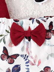 Sleeveless Top & Floral Shorts Bow Decor Cotton & Polyester Blend
