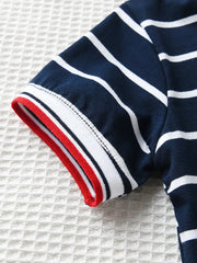 Short Sleeves Dinosaur Embroidery Striped Shirt