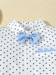 Three-Piece Bow Polka Dot Short Sleeve Shirt + Gray Shorts with Straps + Hat