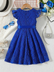 Lace Round Neck Small Flutter Sleeve Zipper Sweet Cute Dress with Belt