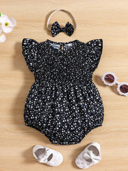 Flutter Sleeve Floral Print Shirred Romper + Headwear