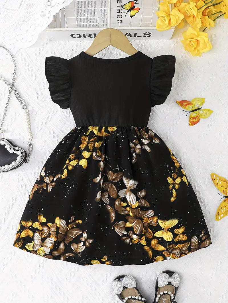 Black Ruffle Sleeve Top with Vibrant Floral Skirt Butterfly Print Dress