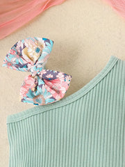 Summer Floral One-Shoulder Matching Bow Headband Romper
