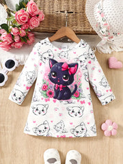 1pc  Cartoon Cat Print Long Sleeve Knit Dress
