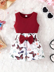 Sleeveless Top & Floral Shorts Bow Decor Cotton & Polyester Blend