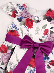 Slim-Fit Bodice & Flared Rose Floral Print Dress with Red Ribbon Belt Skirt