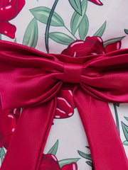 Slim-Fit Bodice & Flared Rose Floral Print Dress with Red Ribbon Belt Skirt
