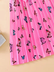 Summer Bubble Sleeve Butterfly Print Pleated Belted Dress