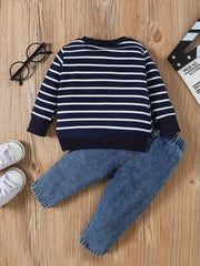 2pcs Striped Elephant Pattern Long Sleeve Top & Denim Trousers Set