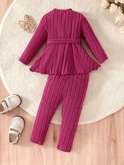 2pcs Long Sleeve Pit Strip Belt Bow Casual & Cute Sweatshirt Top + Pants