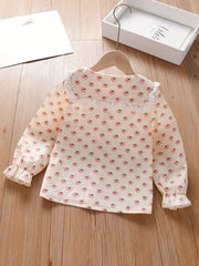 Light Yellow Ruffle Neckline Non-Stretch Fabric Casual Long Sleeve Blouse with Floral Print