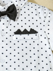 Three-Piece Bow Polka Dot Short Sleeve Shirt + Gray Shorts with Straps + Hat