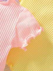 3pcs Summer Round Neck Casual Solid Color Ribbed Stripe Trim T-Shirt