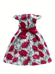 Slim-Fit Bodice & Flared Rose Floral Print Dress with Red Ribbon Belt Skirt