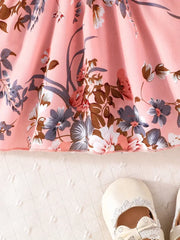 Casual Polyester Floral Print Dress with Ruffled Sleeves and Bow Detail