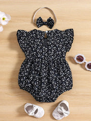 Flutter Sleeve Floral Print Shirred Romper + Headwear