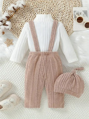 3pcs Forest Style Solid Color Long Sleeve Top + Ribbed Overalls + Hat Set