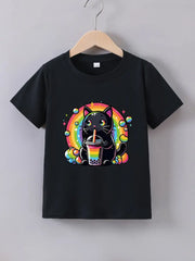 Casual Crew Neck Short Sleeve "Rainbow Black Cat" Print T-Shirt