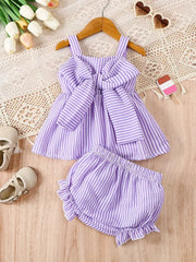 2pcs Charming Striped Bubble Cami Top with Bow & Ruffled Shorts Summer Outfit Set