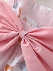 Flower Print Big Bow Baby Girls Sweet Dress Hat Set