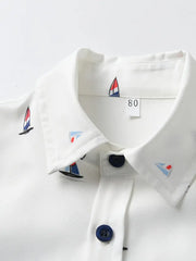 Casual & Formal White Button-Up Nautical-Themed Short Sleeve Shirt