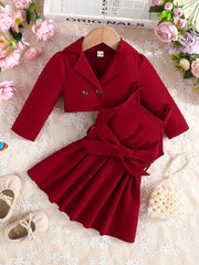 2pcs Long Sleeve Short Coat + Solid Color Suspender Skirt