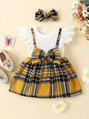 2pcs Splicing Suspender Dress Fly Sleeve Bow Plaid Dress & Headband Set