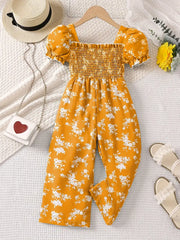 Floral Print Summer Jumpsuit with Puff Sleeves