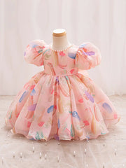 Pearl-Embellished Round Neck Short Sleeve Dress with Ruffled Bubble Cuffs & Bow Waist