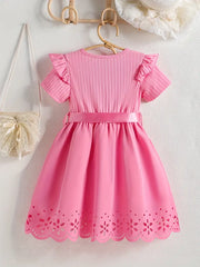 Ruffled Collar Bow Belt & Eyelet Lace Detailing Short Sleeve Dress