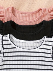 3pcs Basic Crew Neck Striped Vest