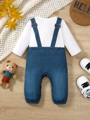 Cartoon Imitation Denim Jumpsuit Pattern Casual Long Sleeve Romper