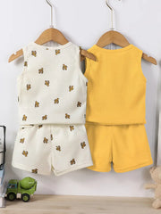 4pcs set Waffle Pattern Round Neck Vest + Pants Casual Set