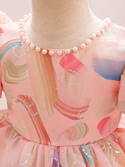 Pearl-Embellished Round Neck Short Sleeve Dress with Ruffled Bubble Cuffs & Bow Waist