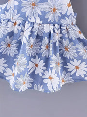 Flower Print Big Bow Baby Girls Sweet Dress Hat Set