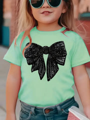 Sparkling Bow Print Tee Crew Neck Short Sleeve T-Shirt