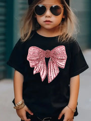 Sparkling Bow Print Tee Crew Neck Short Sleeve T-Shirt