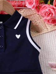 Summer Sleeveless Polo Dress with Heart Print & Stripes