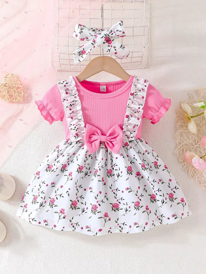 Short Sleeve Round Neck Summer Floral Dress with Bow Detail