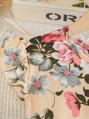 Elegant Floral Print for Lotus Sleeve Mid-Long Dress + Belt