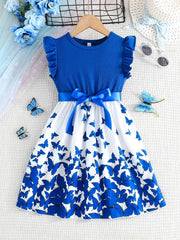 Butterfly Patchwork Ribbed Seamless Wood Ear Cuff Sleeve Dress + Belt Two-Piece Set