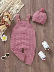 2pcs  Acrylic Knit Crew Neck Jumpsuit Set, with Leggings and Matching Hat